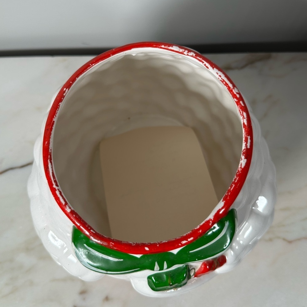 Vintage Snow Lady Bow & Hat Cookie Jar White, Red, Green Carrot Nose Mistletoe - Picture 6 of 11
